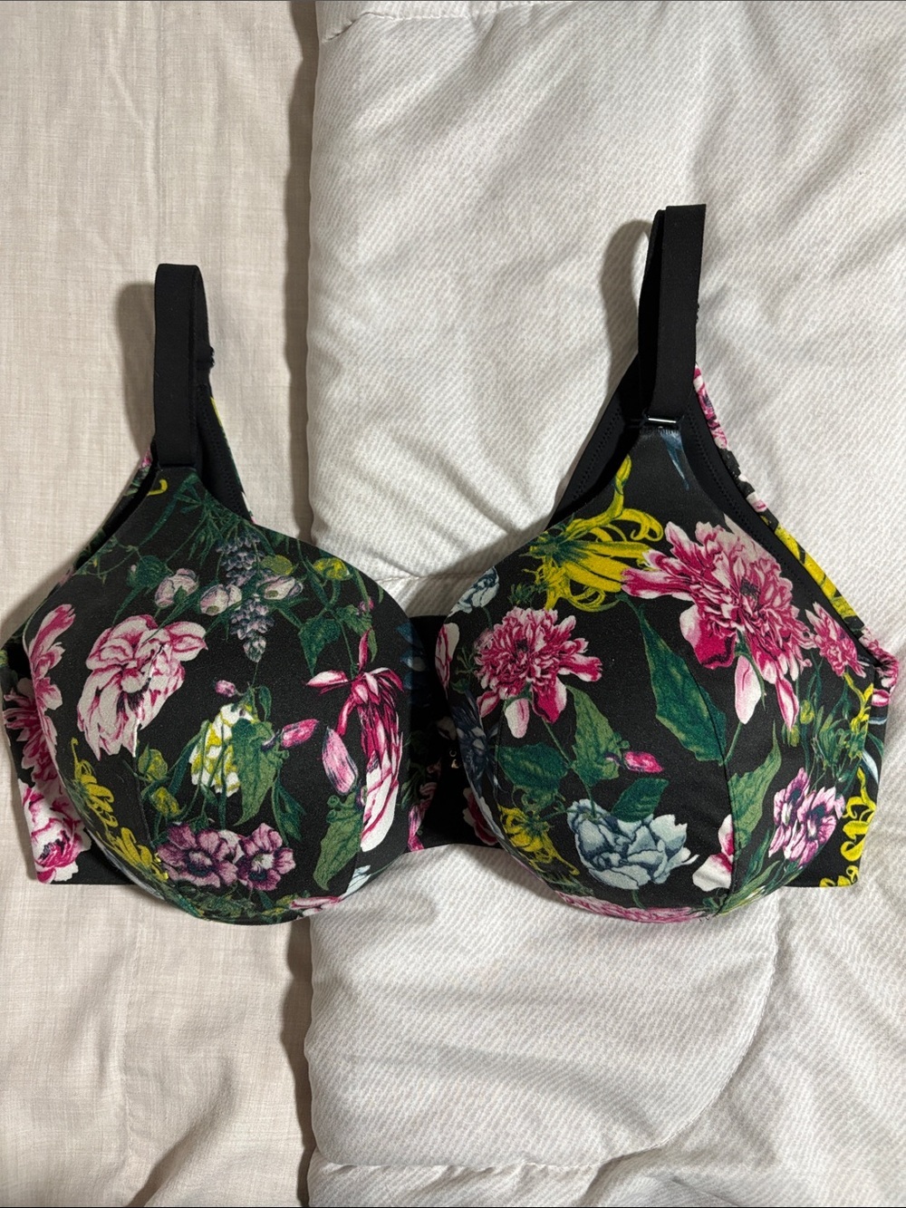 Cacique Black Floral Padded Bra with Pink & Green Accents